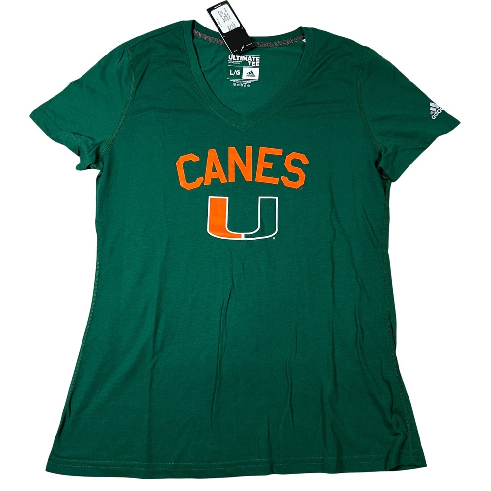 Adidas Miami Hurricanes Canes Womens Ultimate Tee Green V-Neck Shirt Large NEW